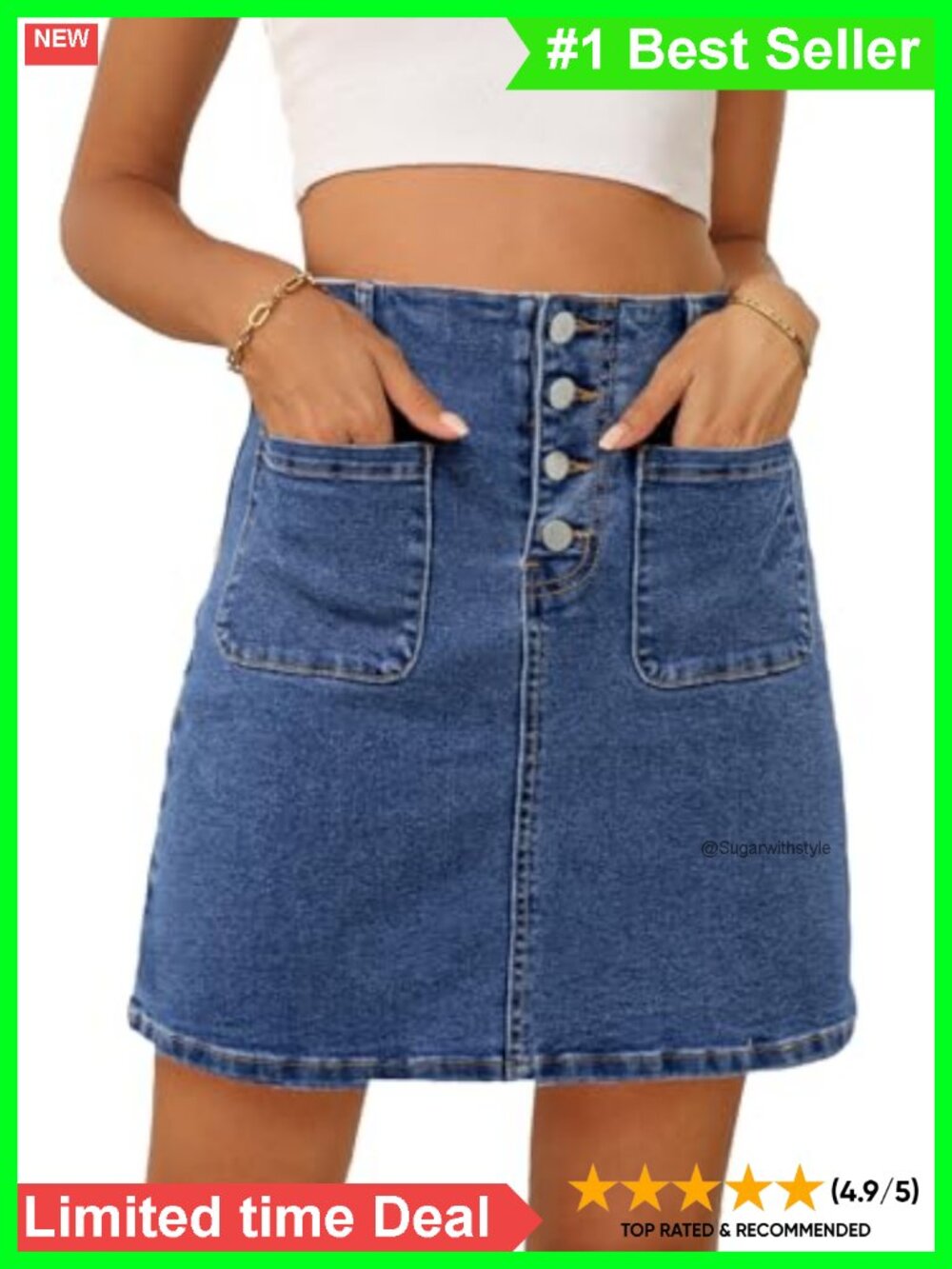 High Waist A-Line Denim Mini Skirt Button Down Cotton Blend